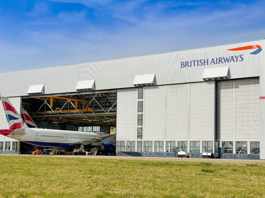 exterior view of the british airways maintenance hanger at cardiff airport
